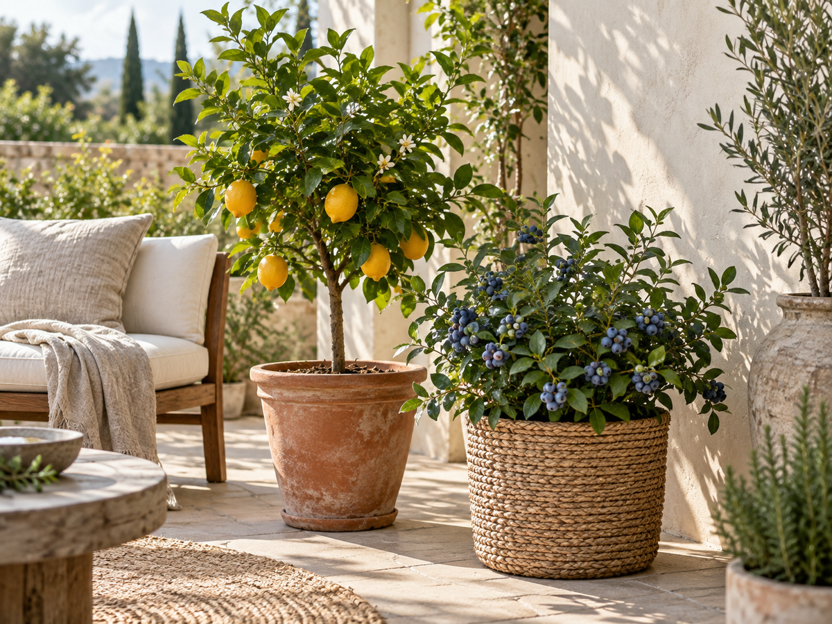Potted citrus and blueberry plants on a sunny patio