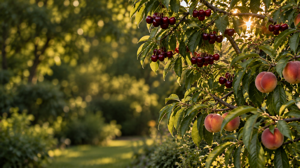 Fruit trees in a sunlit home garden