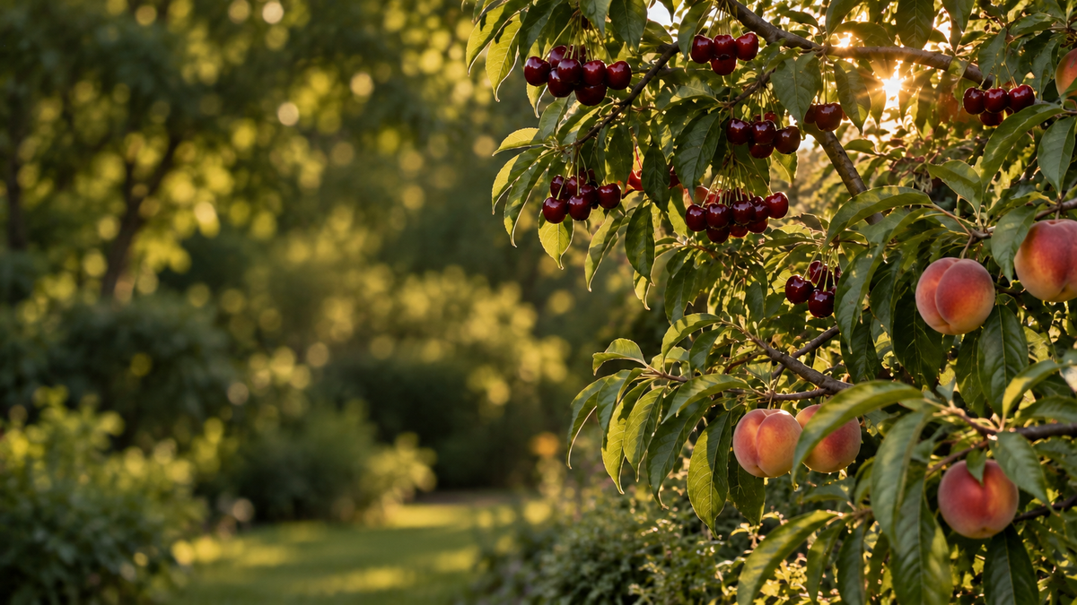 Fruit trees in a sunlit home garden