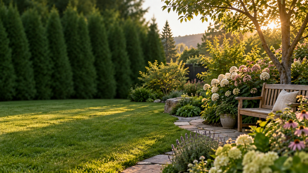 Privacy trees and flowering plants in a home garden