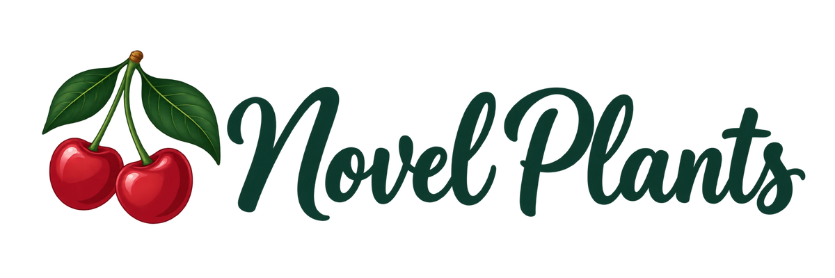 Novel Plants script logo with cherry icon